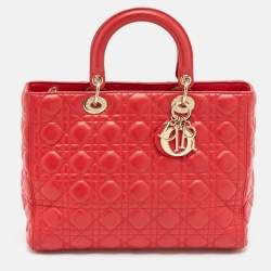 Pre Owned Dior Red Cannage Leather Large Lady Dior Tote