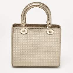 Pre Owned Dior Gold Microcannage Patent Leather Medium Lady Dior Tote