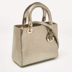 Pre Owned Dior Gold Microcannage Patent Leather Medium Lady Dior Tote