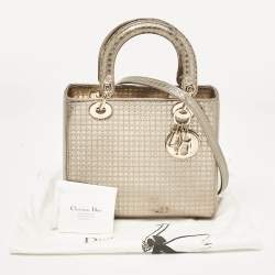 Pre Owned Dior Gold Microcannage Patent Leather Medium Lady Dior Tote
