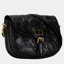 Dior Black Leather Floral Applique Bobby Medium Shoulder Bags