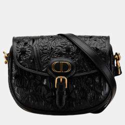 Dior Black Leather Floral Applique Bobby Medium Shoulder Bags