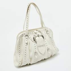 Dior White Leather Buckle Detail Zip Satchel