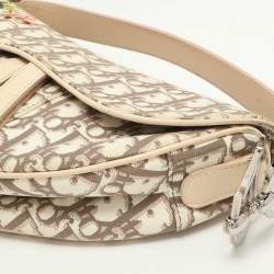 Dior Beige/White Oblique Canvas and Leather Floral Embroidered Saddle Shoulder Bag