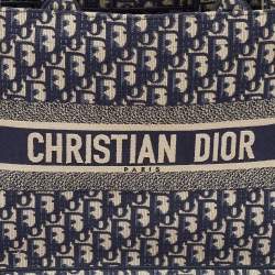 Dior Navy Blue Oblique Embroidered Canvas Medium Book Tote