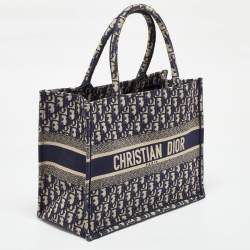 Dior Navy Blue Oblique Embroidered Canvas Medium Book Tote