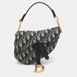 Pre Owned Dior Navy Blue Oblique Canvas and Leather Mini Saddle Bag