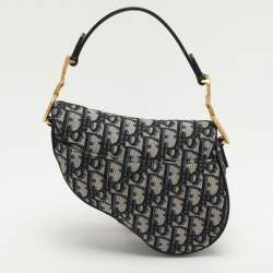 Pre Owned Dior Navy Blue Oblique Canvas and Leather Mini Saddle Bag