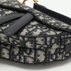 Pre Owned Dior Navy Blue Oblique Canvas and Leather Mini Saddle Bag