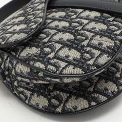 Pre Owned Dior Navy Blue Oblique Canvas and Leather Mini Saddle Bag