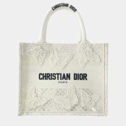 Christian Dior Book Tote Butterfly Embroidery Small White Handbag