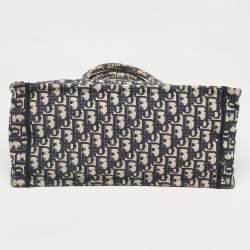 Pre Owned Dior Navy Blue Oblique Embroidered Canvas Medium Book Tote