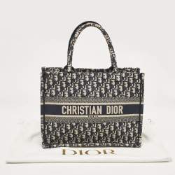 Pre Owned Dior Navy Blue Oblique Embroidered Canvas Medium Book Tote