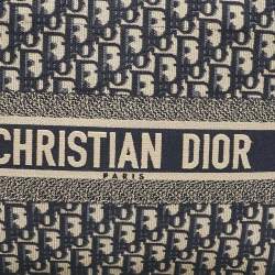 Pre Owned Dior Navy Blue Oblique Embroidered Canvas Medium Book Tote
