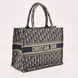 Pre Owned Dior Navy Blue Oblique Embroidered Canvas Medium Book Tote