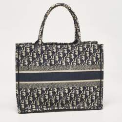 Pre Owned Dior Navy Blue Oblique Embroidered Canvas Medium Book Tote