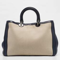 Dior Navy Blue/natural Canvas and Leather Large Diorissimo Shopper Tote