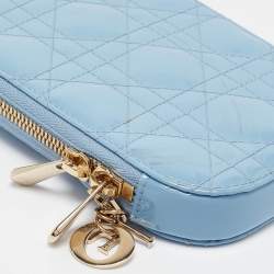 Pre Owned Dior Light Blue Cannage Patent Leather Lady Dior Phone Chain Holder