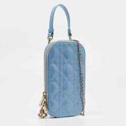 Pre Owned Dior Light Blue Cannage Patent Leather Lady Dior Phone Chain Holder