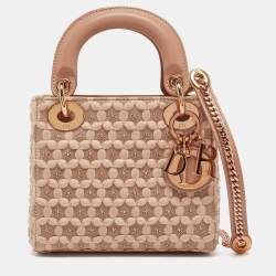 Pre Owned Dior Peach Leather and Suede Mini Beaded Ribbon Lady Dior Tote