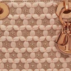 Pre Owned Dior Peach Leather and Suede Mini Beaded Ribbon Lady Dior Tote