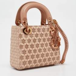 Pre Owned Dior Peach Leather and Suede Mini Beaded Ribbon Lady Dior Tote