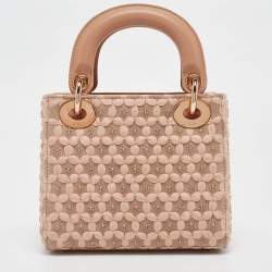 Pre Owned Dior Peach Leather and Suede Mini Beaded Ribbon Lady Dior Tote