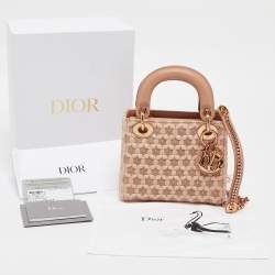 Pre Owned Dior Peach Leather and Suede Mini Beaded Ribbon Lady Dior Tote