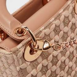 Pre Owned Dior Peach Leather and Suede Mini Beaded Ribbon Lady Dior Tote