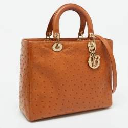 Pre Owned Dior Orange Ostrich Leather Large Lady Dior Tote