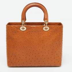 Pre Owned Dior Orange Ostrich Leather Large Lady Dior Tote