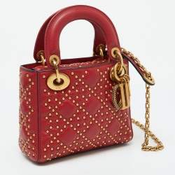 Pre Owned Dior Red Leather Mini Studded Supple Lady Dior Tote