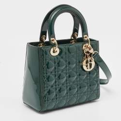 مملوكة مسبقًا Dior Green Cannage Patent Leather Medium Lady Dior Tote