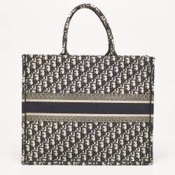 Pre Owned Dior Navy Blue Oblique Embroidered Canvas Large Book Tote