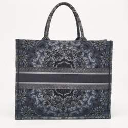Dior Navy Blue Flower Embroidered Denim Large Book Tote