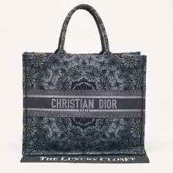 Dior Navy Blue Flower Embroidered Denim Large Book Tote