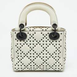 Pre Owned Dior White Leather Studded Cannage Mini Lady Dior Tote