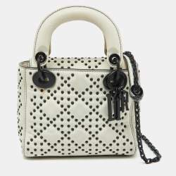 Pre Owned Dior White Leather Studded Cannage Mini Lady Dior Tote