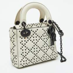 Pre Owned Dior White Leather Studded Cannage Mini Lady Dior Tote