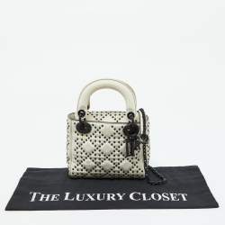 Pre Owned Dior White Leather Studded Cannage Mini Lady Dior Tote