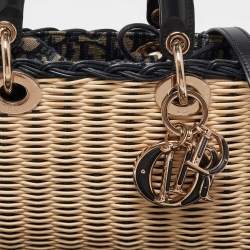 Pre Owned Dior Beige/Navy Blue Wicker and Leather Medium Dioriviera Lady D-Joy Bag