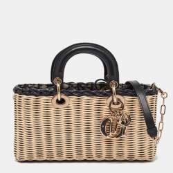 Pre Owned Dior Beige/Navy Blue Wicker and Leather Medium Dioriviera Lady D-Joy Bag