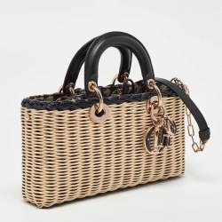Pre Owned Dior Beige/Navy Blue Wicker and Leather Medium Dioriviera Lady D-Joy Bag