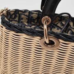 Pre Owned Dior Beige/Navy Blue Wicker and Leather Medium Dioriviera Lady D-Joy Bag