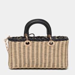 Pre Owned Dior Beige/Navy Blue Wicker and Leather Medium Dioriviera Lady D-Joy Bag