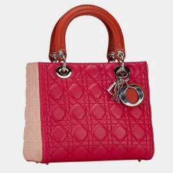 Christian Dior Pink Orange Leather Lady Cannage Handbag