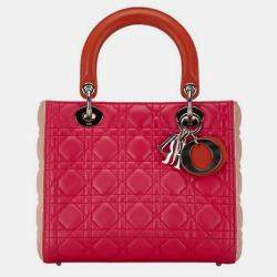 Christian Dior Pink Orange Leather Lady Cannage Handbag