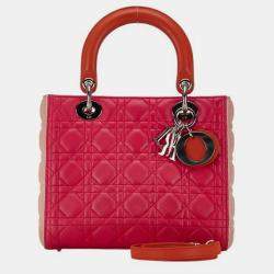 Christian Dior Pink Orange Leather Lady Cannage Handbag