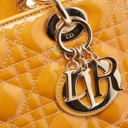 Pre Owned Dior Yellow Cannage Patent Leather Medium Lady Dior Tote