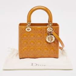 Pre Owned Dior Yellow Cannage Patent Leather Medium Lady Dior Tote